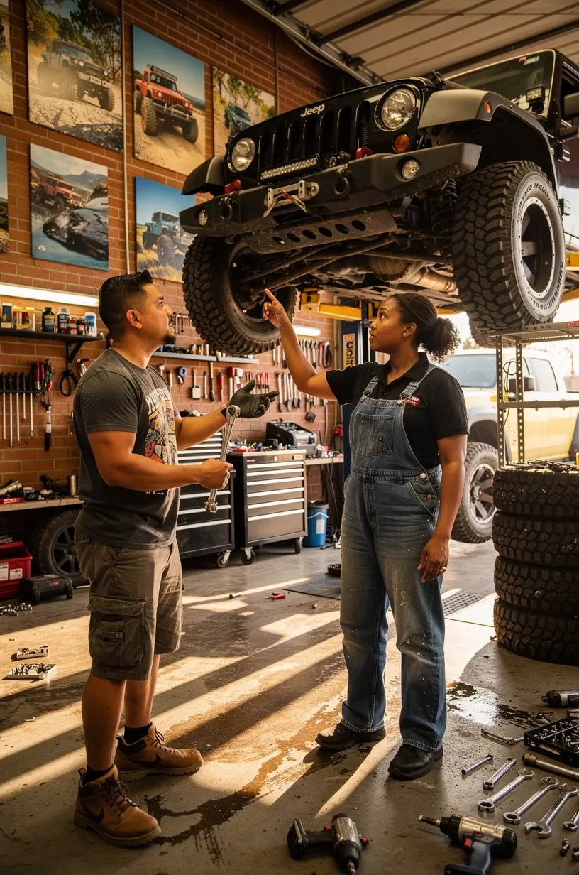 Close-up of a customized SUV wheel and brake system being serviced by a skilled technician.