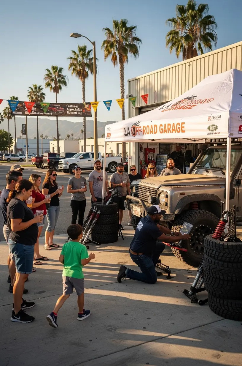 Expert consulting with a customer about SUV maintenance and customization options in a modern garage.